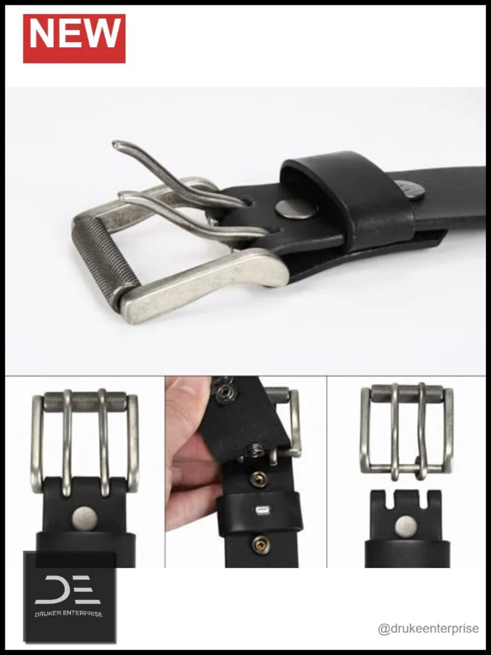 Genuine Leather Men's Belt with Removable Double-Prong Roller Buckle, 38mm